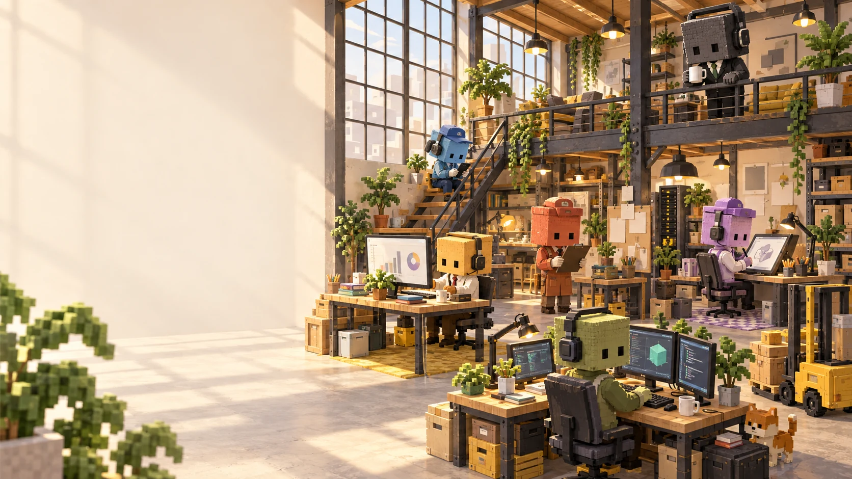 A sunlit voxel studio with a creative crew at work